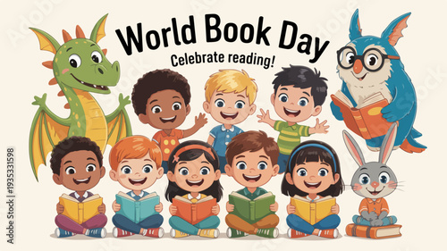 Diverse children celebrate world book day with dragon and rabbit friends promoting reading and literacy in a colorful illustration