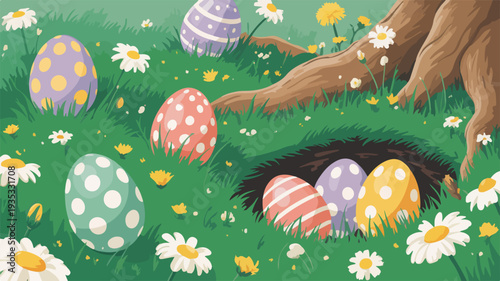 Colorful easter eggs in a nest on a sunny meadow with daisies and tree roots springtime celebration