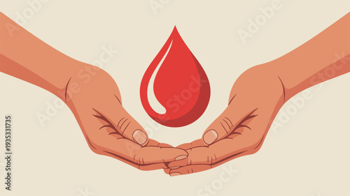 Hands gently holding a red blood drop symbol donation and care concept flat vector design