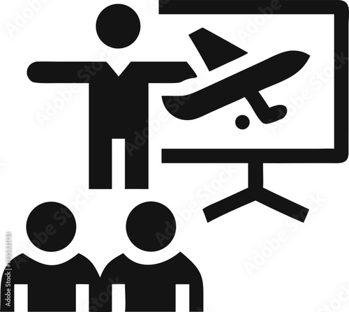 Instructor giving an aviation presentation about an airplane to a group of interested students