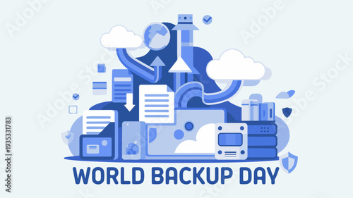 World backup day illustration with blue tones and various computer and data storage icons on a light background