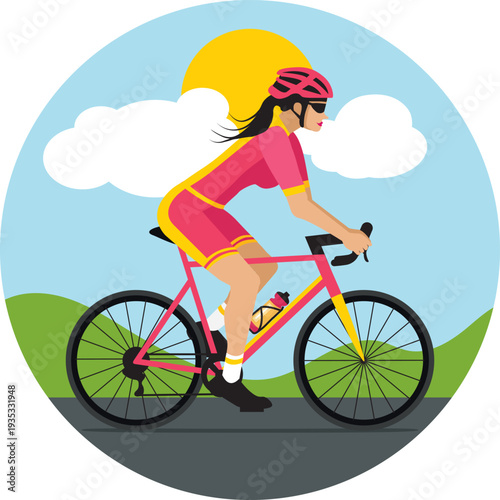 Cyclist woman riding bike in campain. Pink and yellow flat design. Hand drawn vector illustration. 