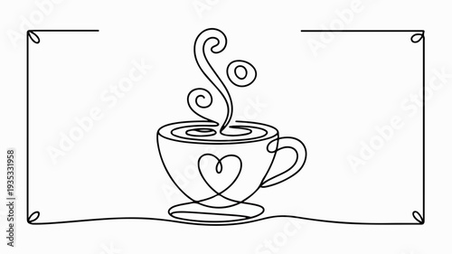 Continuous line art of a steaming coffee cup with a heart design on the side surrounded by decorative border lines on a white background