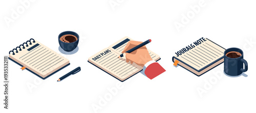Notebooks being written with pen beside coffee on white desk