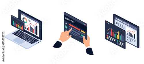 Digital analytics dashboards displayed on laptop tablet and screens