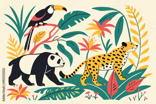 Vibrant jungle scene featuring a leopard, panda, and toucan amidst tropical foliage and colorful flowers.