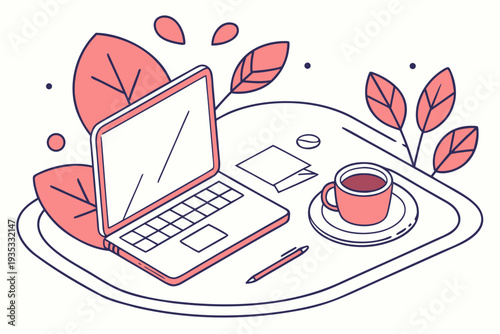 Modern workspace with a stylized laptop, coffee cup, and pen on a desk, illustrating a productive remote work setup.