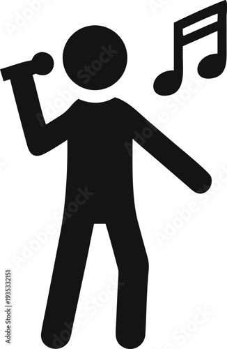 Male silhouette figure holding a microphone and singing with musical note icon