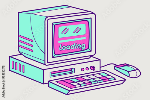 Retro 90s desktop computer with loading screen and keyboard
