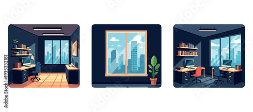 Office interiors presented as isometric workspace icons on white