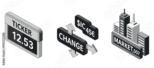 Financial ticker showing market change with city skyline icons