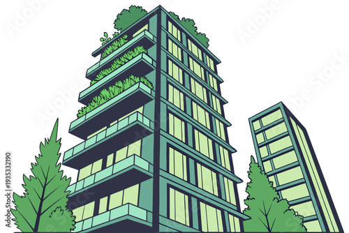 Modern Green Buildings Featuring Balcony Gardens and Rooftop Foliage Amidst an Urban Landscape