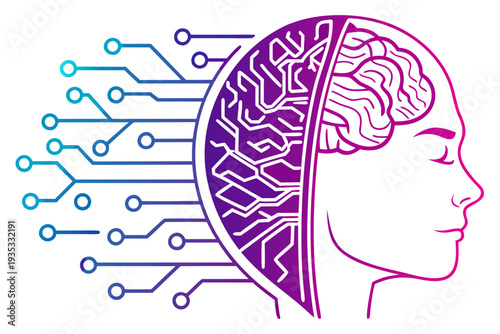 Human brain silhouette blended with digital circuit network, symbolizing artificial intelligence and technological advancement.