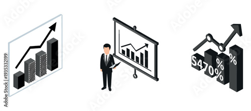 Business growth charts shown with presenter and upward trend graphics