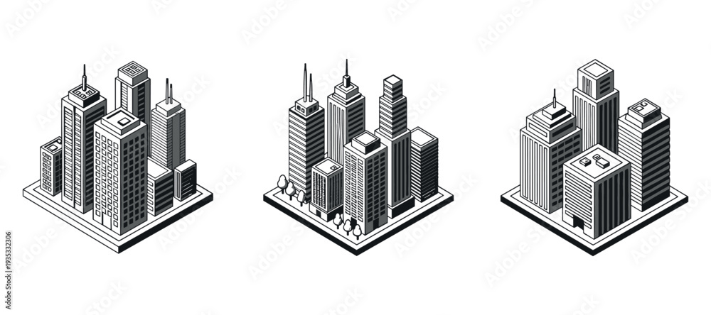 Fototapeta premium Isometric city neighborhoods featuring clustered high rise buildings