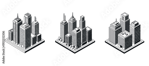 Isometric city neighborhoods featuring clustered high rise buildings