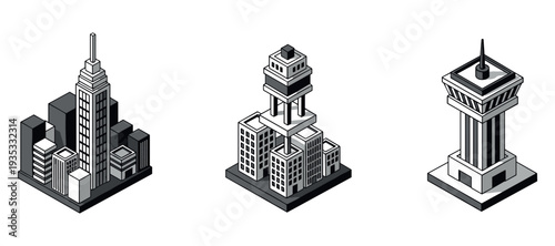 Isometric buildings shown as architectural blocks on white background
