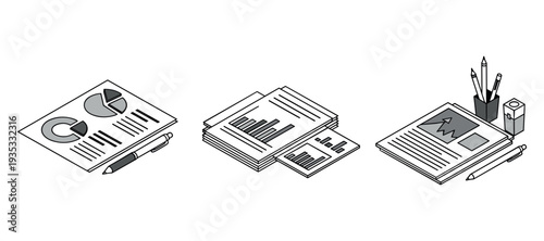 Printed reports and stationery arranged with charts and writing tools