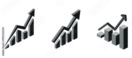 Isometric bar charts rising with upward arrows on white background