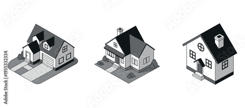Residential houses represented in isometric view on white background