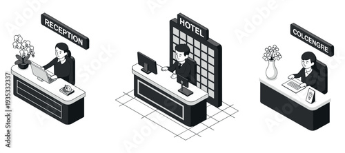 Hotel staff performing reception duties at checkin counters