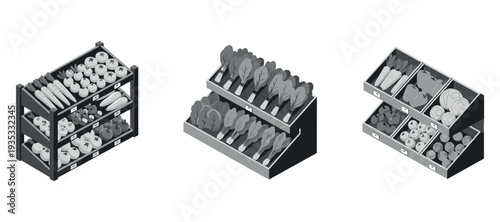 Produce display arranged on shelving in studio setting