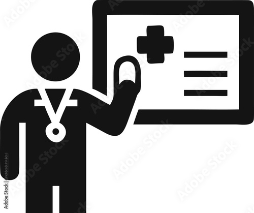 Medical doctor silhouette presenting healthcare information with a cross symbol board