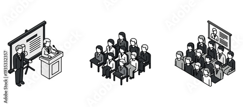 Presenter addressing seated audience in isometric meeting room