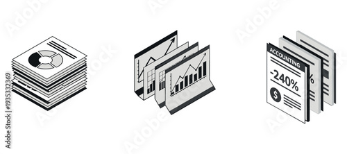 Financial reports stacked showing charts in white background