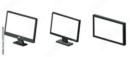 Computer monitors displayed in angled positions on white background