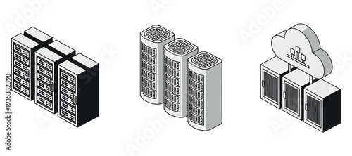 Server racks and cloud storage units depicted in isometric layout