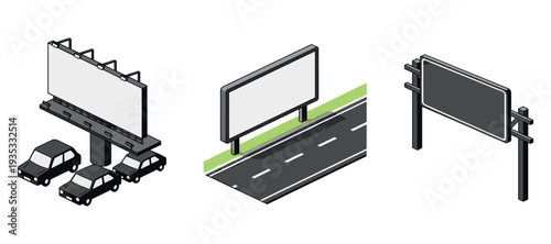 Isometric roadside billboards displayed along empty highway segment