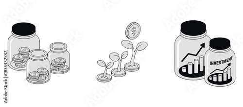 Money jars and coin seedlings indicating growth in investment