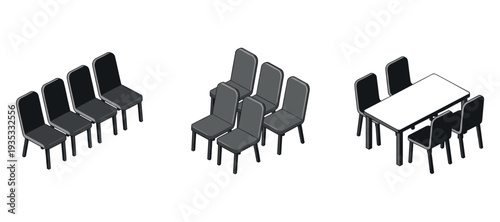 Dining chairs arranged in multiple configurations on white background