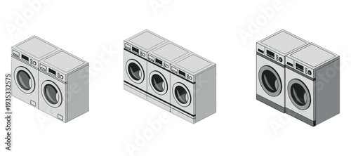 Stacked washing machines and dryers in laundry room isometric view