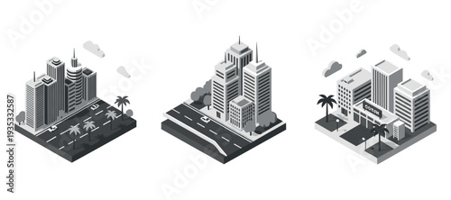Isometric city blocks displayed on white background with roads