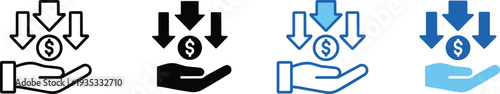 Vector icon set of hand receiving money with falling arrows representing cost reduction income savings investment and financial growth isolated