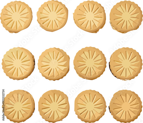 Twelve round golden brown baked butter cookies with decorative sunburst patterns arranged in a grid on a white background for snacks
