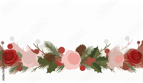 Christmas Garland Border with Roses Pine Cones Holly Berries and Snowberry Watercolor Vector Isolated on White