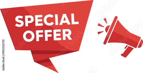 Special offer red banner with megaphone icon on white background for marketing promotion advertising campaign sales discount and seasonal retail clearance