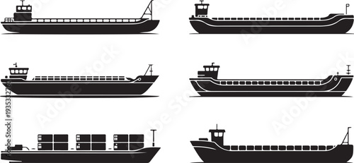 Collection of various cargo ships and barges illustrated in silhouette style
