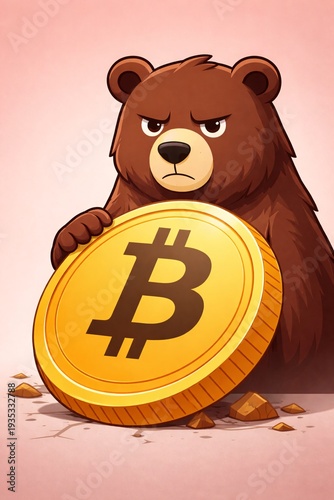 Powerful Bear Cartoon Illustration with Bitcoin for Cryptocurrency Bearish Market Report