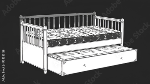 Black and white drawing of trundle daybed with two mattresses