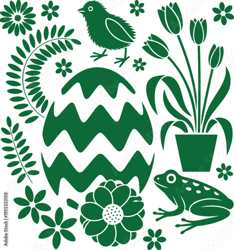 Green monochromatic springtime illustration with a large Easter egg, a bird, frog, and blooming tulips