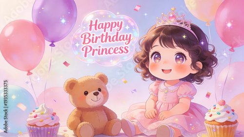 Cute girl with teddy bear celebrating birthday with balloons and cupcakes. A wonderful picture for a birthday greeting card  