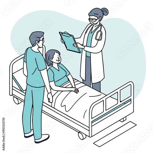 Flat 2D illustration of a patient undergoing a medical examination with two doctors and a nurse, representing healthcare and medical check-ups in a clean, modern ... See More