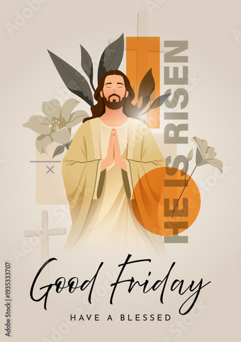 Good Friday Illustration Featuring Jesus Christ with “He Is Risen” Message and Olive Branch Background