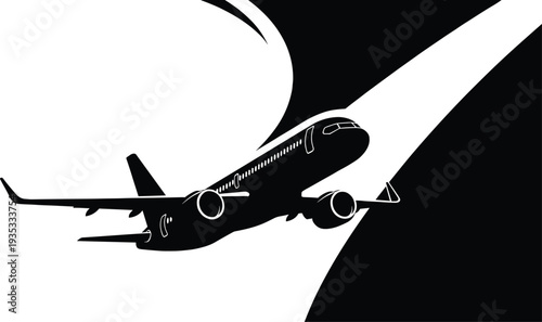 Black silhouette of a commercial airplane flying through the sky for travel tourism aviation transportation and global logistics business concept