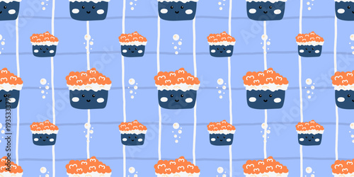 Sushi cute japanese with kawaii pattern food for seamless vector anime. Emoji baby manga bg for print design fish. Funny roll sushi with texture kawaii wasabi for pattern.