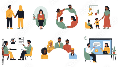  Flat Vector Set of Group Therapy and Counseling Sessions Concept for Mental Health Support, Family Therapy, Community Wellness, and Professional Guidance